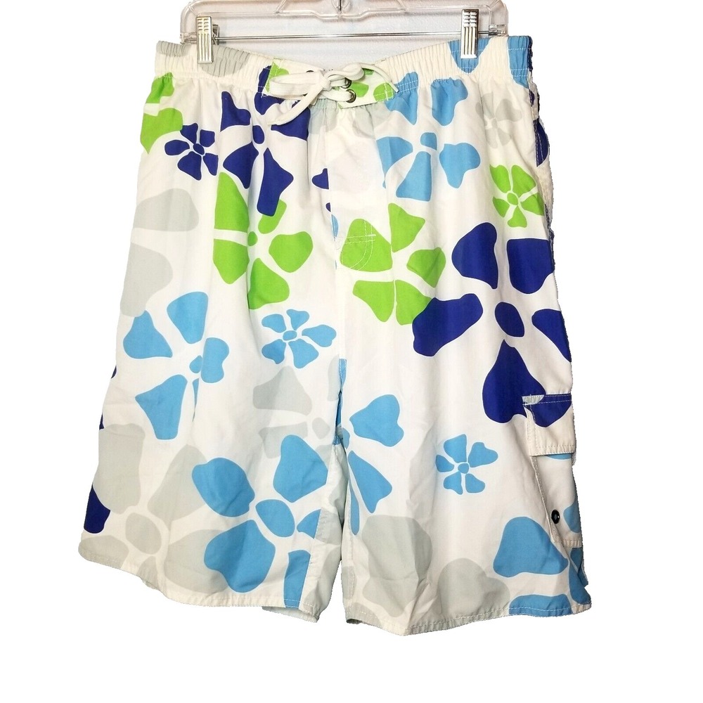 B-Split White Swim Trunk Stamp Print Flowers Blue/Green XL Drawstring‎ Pockets